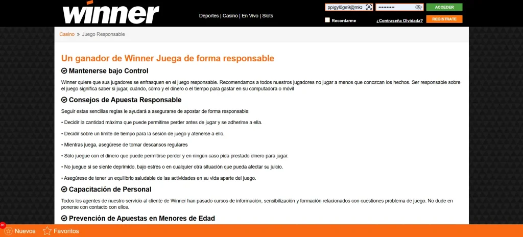 Página de juego responsable de Winner.mx — consejos para apostar con control y disfrutar los slots de manera segura.