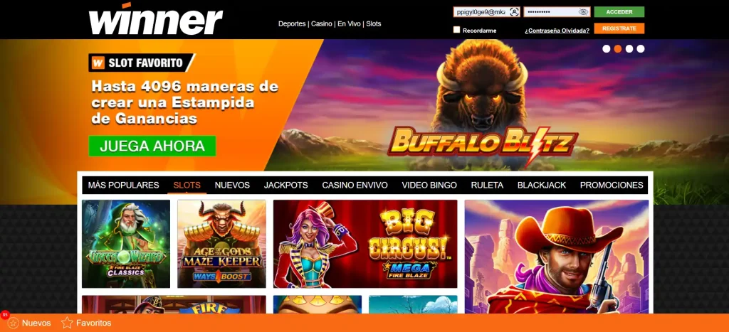 Banner principal de Winner.mx con el slot Buffalo Blitz — juega en Winner Slot y gana hasta 4096 formas de premio.